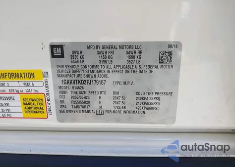 2015 GMC Acadia Denali из США, поврежденный, VIN 1GKKVTKD3FJ179167